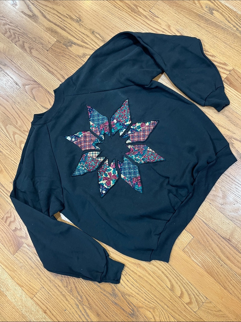 Vtg Black Upcycled Sweatshirt Christmas Holiday Star Design Grandma Core Lg